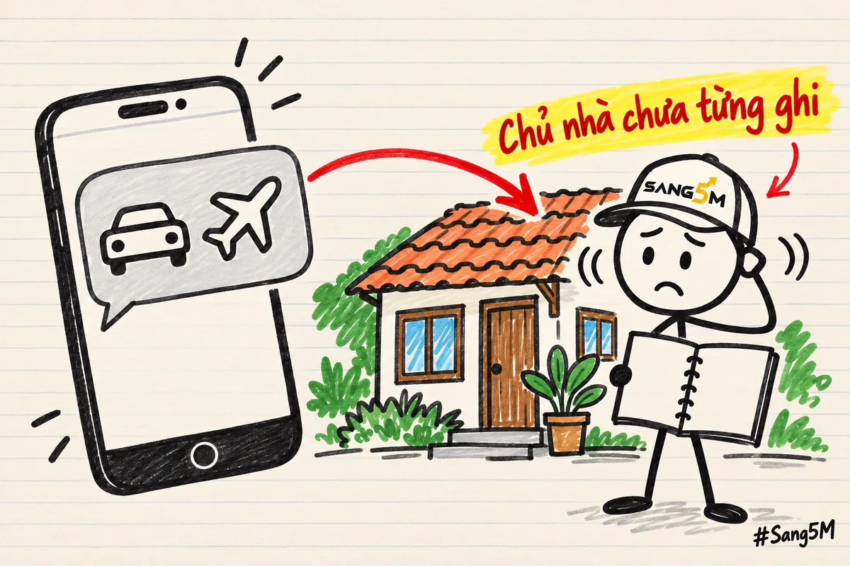 Nhà nghỉ nhỏ có mái ngói, điện thoại hiện bong bóng chat hình ô tô và máy bay, chủ nhà đội nón SANG5M gãi đầu, cầm sổ trống.