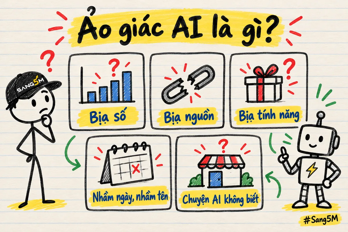 Năm ô vẽ tay xếp hàng, mỗi ô một biểu tượng: biểu đồ cột, mắt xích gãy, hộp quà, tờ lịch, cửa tiệm; robot đứng cạnh.