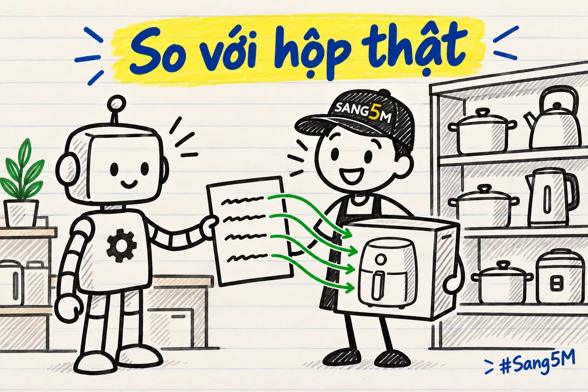Cửa hàng đồ gia dụng, robot đưa tờ mô tả nồi chiên, chủ cửa hàng đội nón SANG5M cầm hộp nồi chiên so từng dòng.