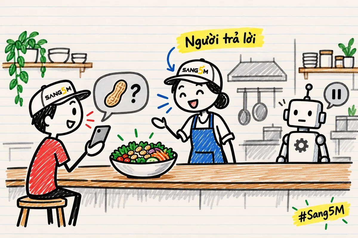 Quán ăn nhỏ có tô món trộn rắc đậu phộng, khách cầm điện thoại hỏi, chủ quán đội nón SANG5M ra trả lời, robot lùi lại.