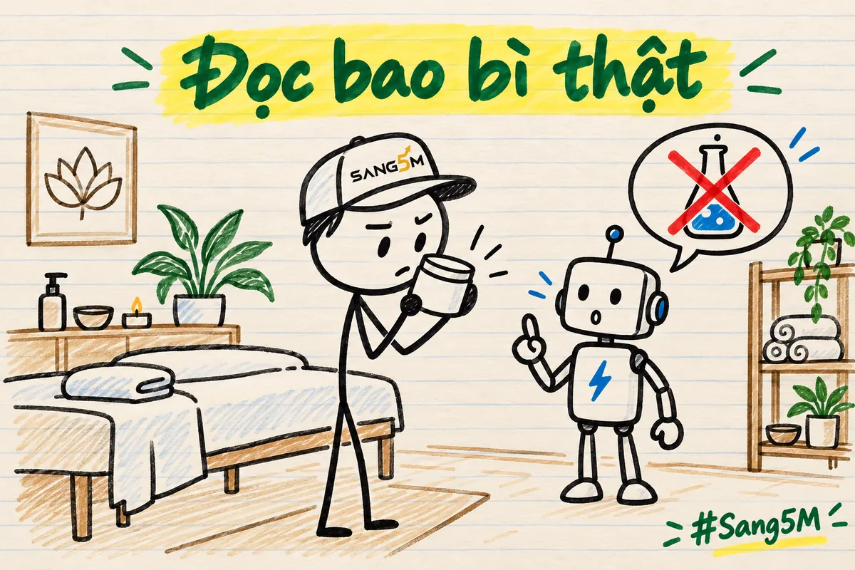 Phòng spa có giường, chủ spa đội nón SANG5M soi hũ kem, robot cạnh đó có bong bóng hình bình thí nghiệm bị gạch chéo đỏ.