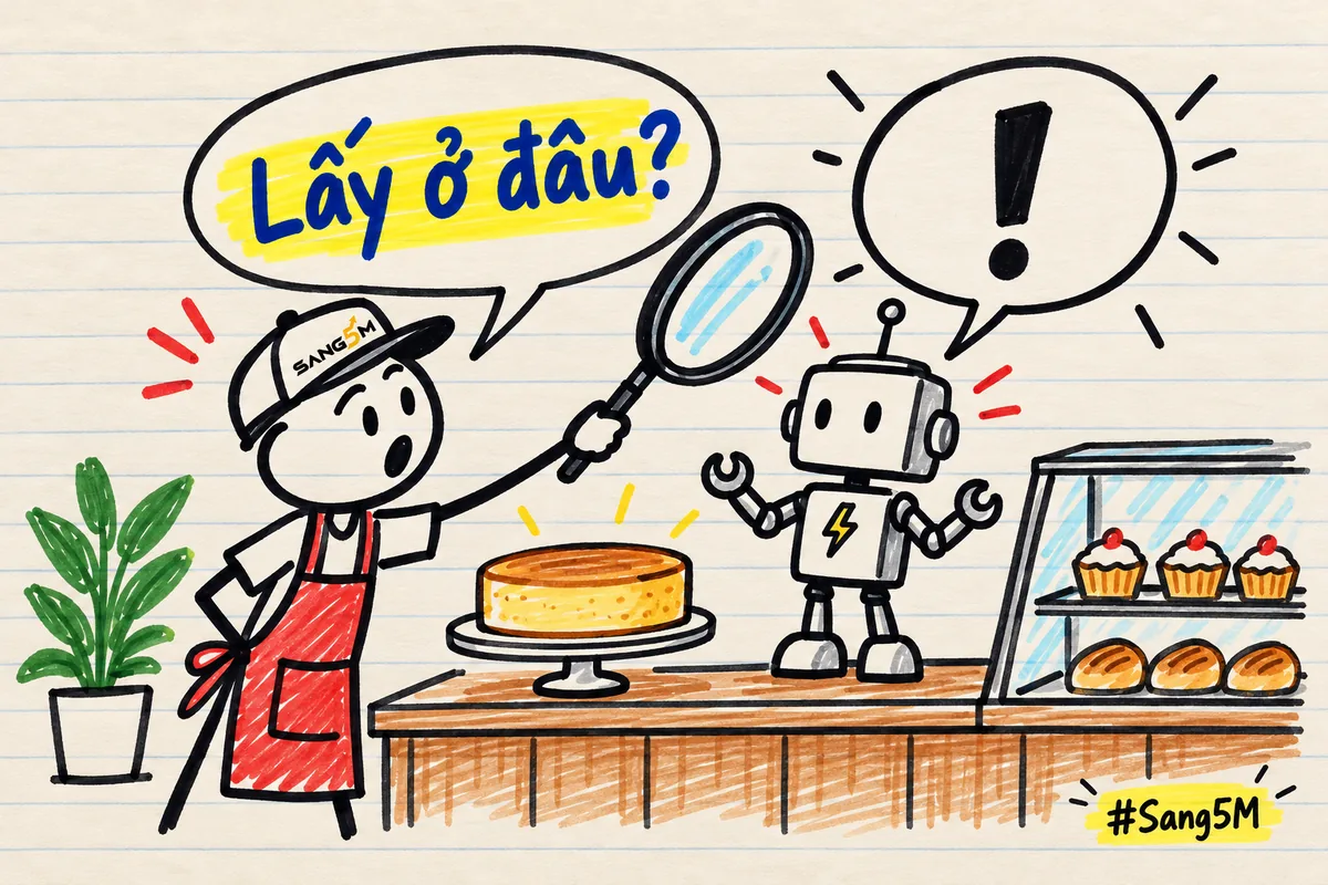 Quầy tiệm bánh có ổ bông lan, robot nói với bong bóng có dấu chấm than, chủ tiệm đội nón SANG5M cầm kính lúp hỏi lại.