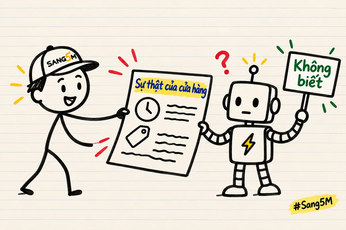 Người đội nón SANG5M đưa robot tờ giấy vẽ đồng hồ và thẻ giá, robot giơ tấm bảng nhỏ ghi Không biết.