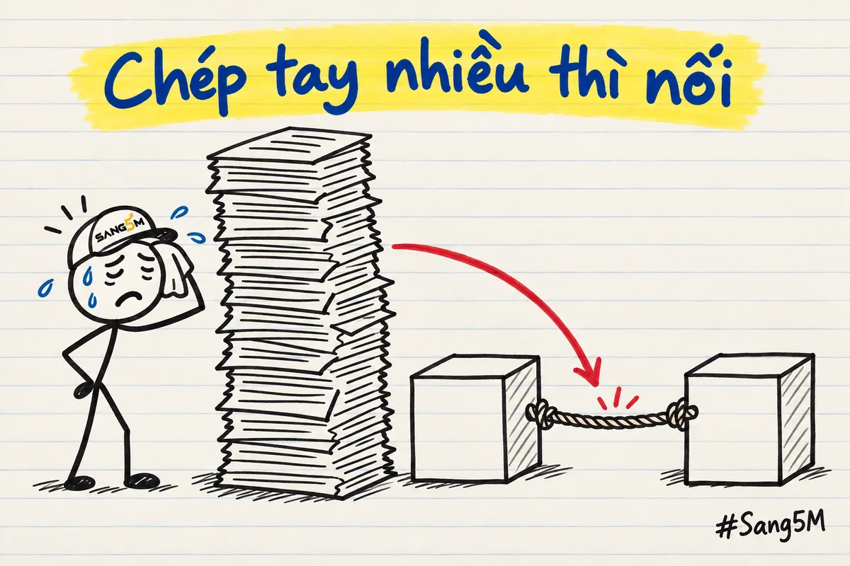 Chồng giấy chép tay cao dần bên cạnh sợi dây nối hai hộp phần mềm, người que đội nón SANG5M lau mồ hôi.