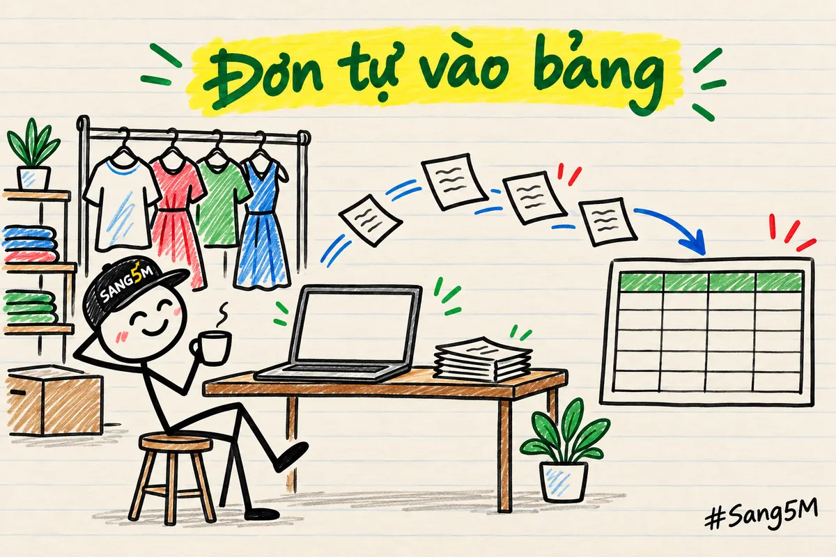 Dòng đơn hàng bay từ trang bán hàng sang bảng tính, kệ treo áo phía sau, người que đội nón SANG5M ngồi uống nước.