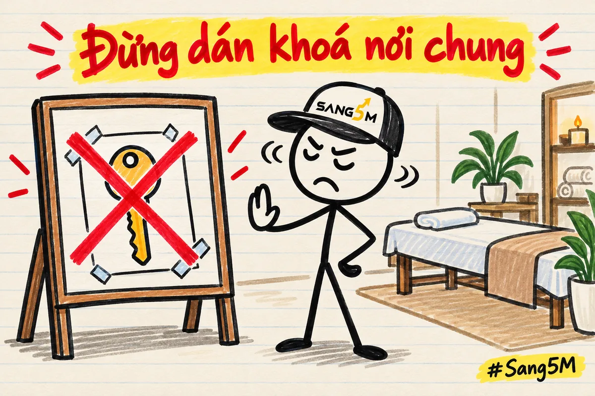 Chìa khoá dán trên bảng tin chung bị gạch chéo đỏ, giường spa phía sau, người que đội nón SANG5M lắc đầu.