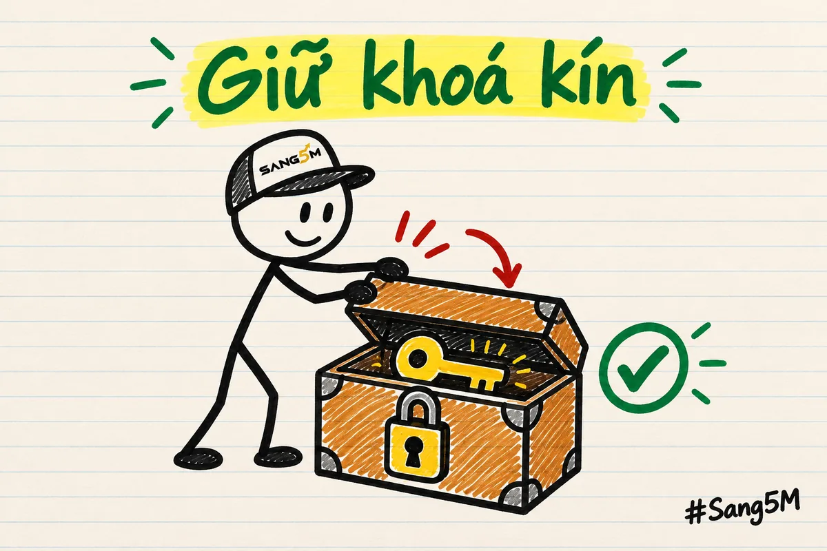 Chiếc chìa khoá được cất vào hộp có ổ khoá, người que đội nón SANG5M đang đóng nắp hộp lại.