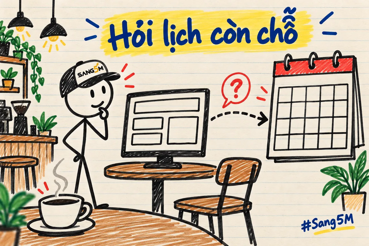 Màn hình đặt bàn vẽ tay hỏi sang cuốn lịch, ly cà phê ở góc, người que đội nón SANG5M đứng chờ câu trả lời.