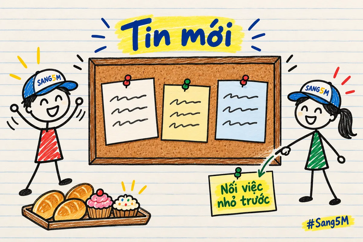 Bảng tin vẽ tay có ba mẩu giấy ghim, khay bánh ở góc, hai người que đội nón SANG5M đứng hai bên bảng.