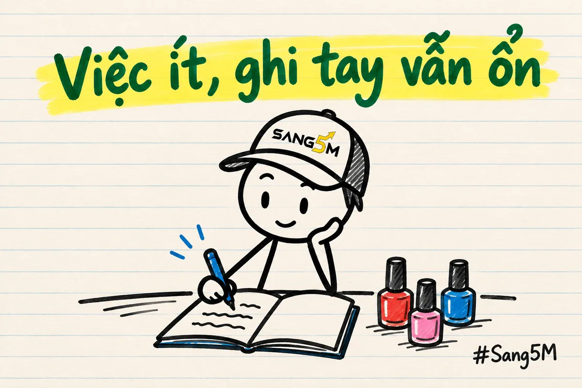 Cuốn sổ ghi tay vài dòng lịch hẹn đặt cạnh chai sơn móng, người que đội nón SANG5M cầm bút ghi thong thả.