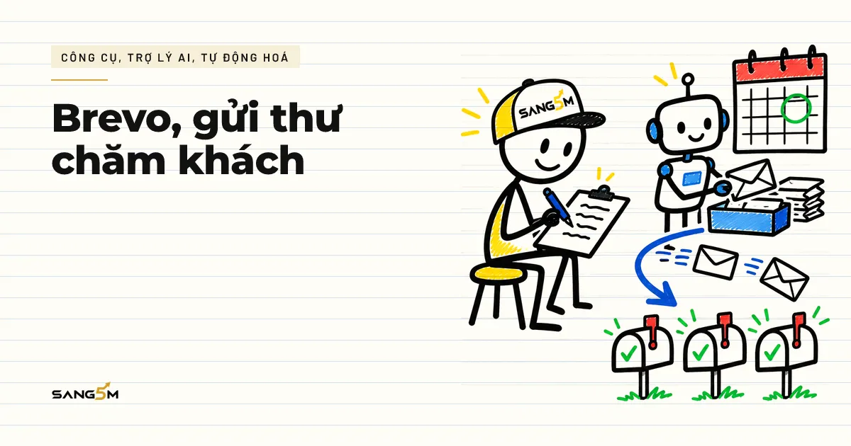 Người đội nón SANG5M ngồi viết thư tay, robot nhỏ xếp phong bì theo tờ lịch, mũi tên đưa phong bì tới ba hộp thư khách
