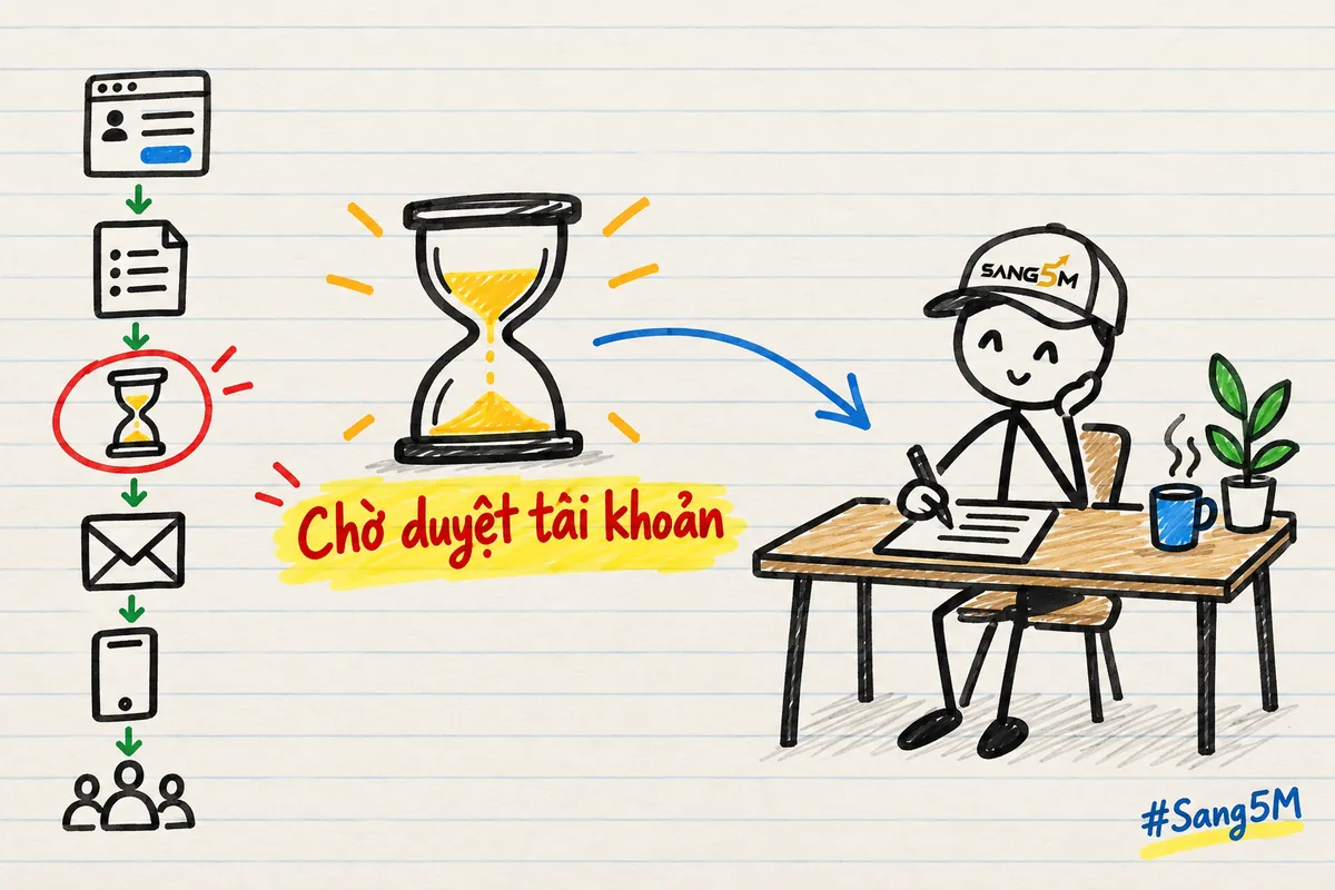 Danh sách sáu bước vẽ tay, đồng hồ cát cạnh bước thứ ba, nhãn chờ duyệt tài khoản, người đội nón SANG5M ngồi soạn thư.