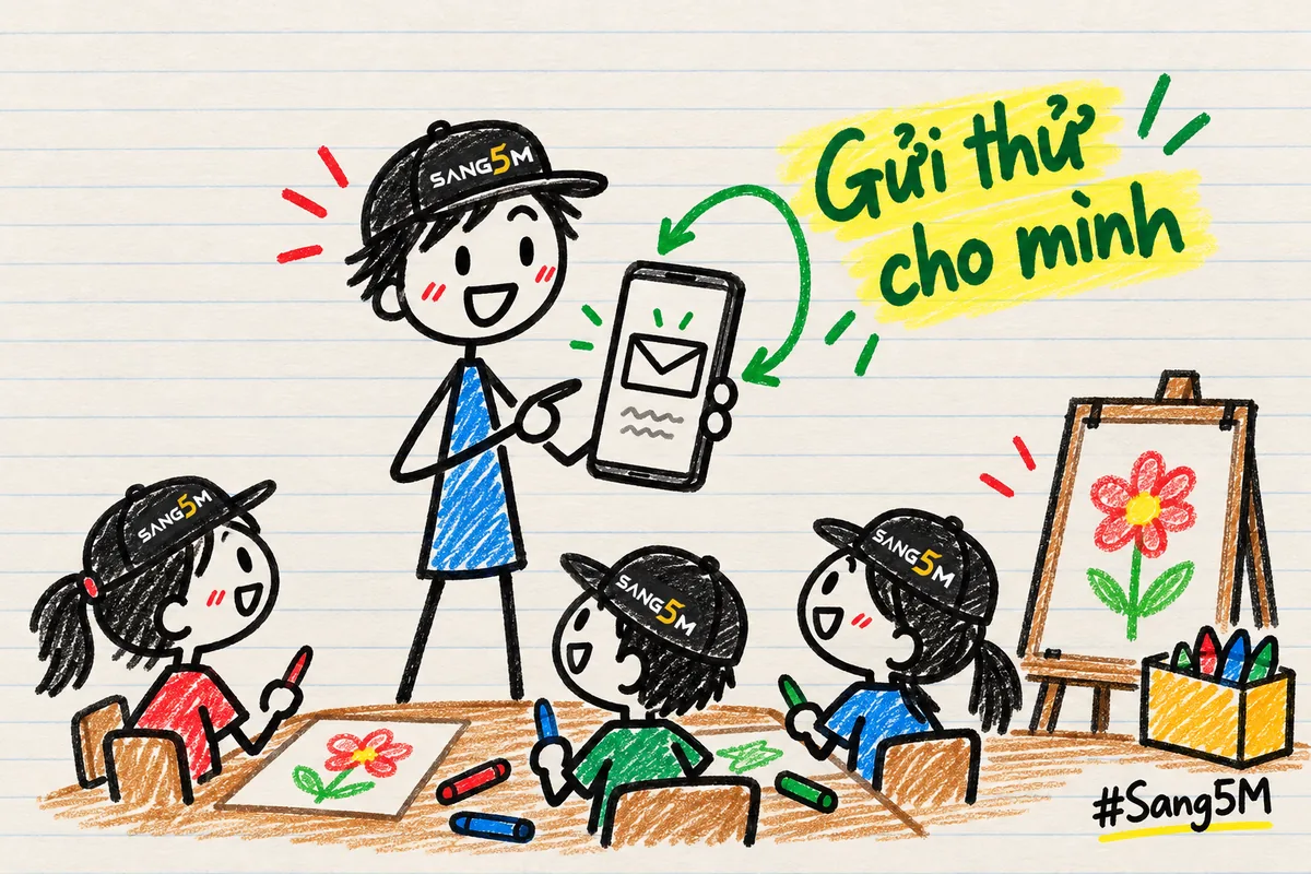 Góc lớp học vẽ có giá vẽ, người đội nón SANG5M cầm điện thoại xem thư, nhãn gửi thử cho mình, mũi tên vòng về.