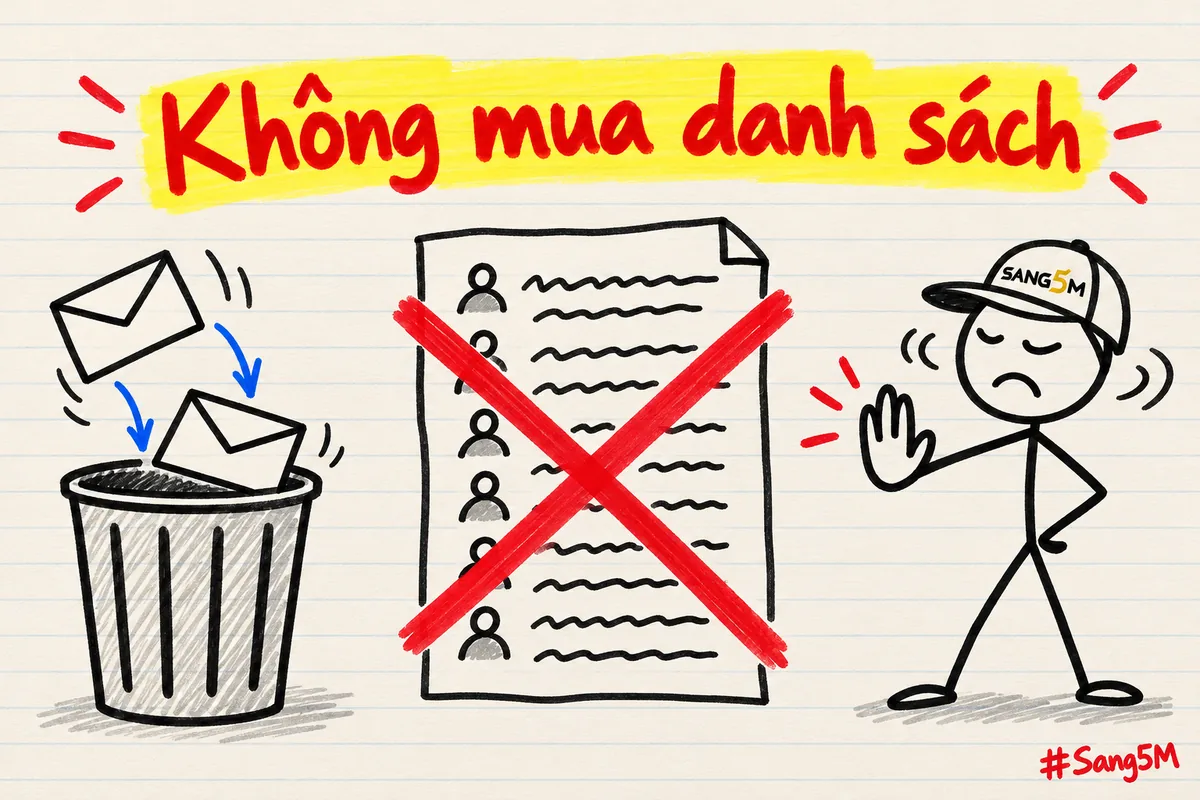 Phong bì rơi vào thùng rác, tờ danh sách mua sẵn bị gạch X đỏ, nhãn không mua danh sách, người đội nón SANG5M giơ tay ngăn.