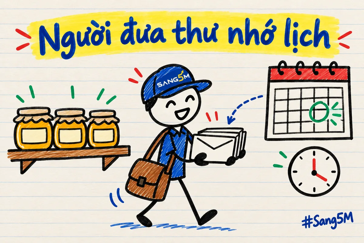 Người đưa thư đội nón SANG5M cầm xấp phong bì cạnh kệ hũ mật ong, bên cạnh là tờ lịch có ngày khoanh và đồng hồ.