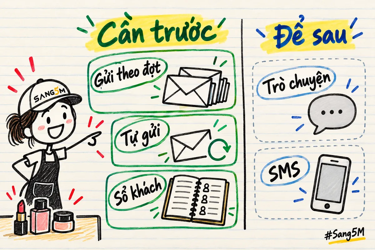 Bảng viết tay: cần trước có gửi theo đợt, tự gửi, sổ khách; để sau có trò chuyện, SMS; người đội nón SANG5M, son phấn.