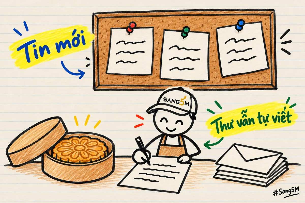 Bảng tin ba mẩu giấy ghim, hộp bánh Trung thu, người đội nón SANG5M tự viết thư, nhãn tin mới và thư vẫn tự viết.