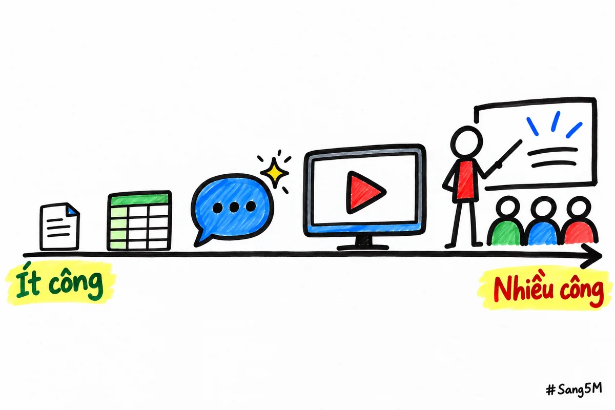 Năm dạng sản phẩm số xếp từ ít đến nhiều công sức, từ tài liệu đến khoá học.
