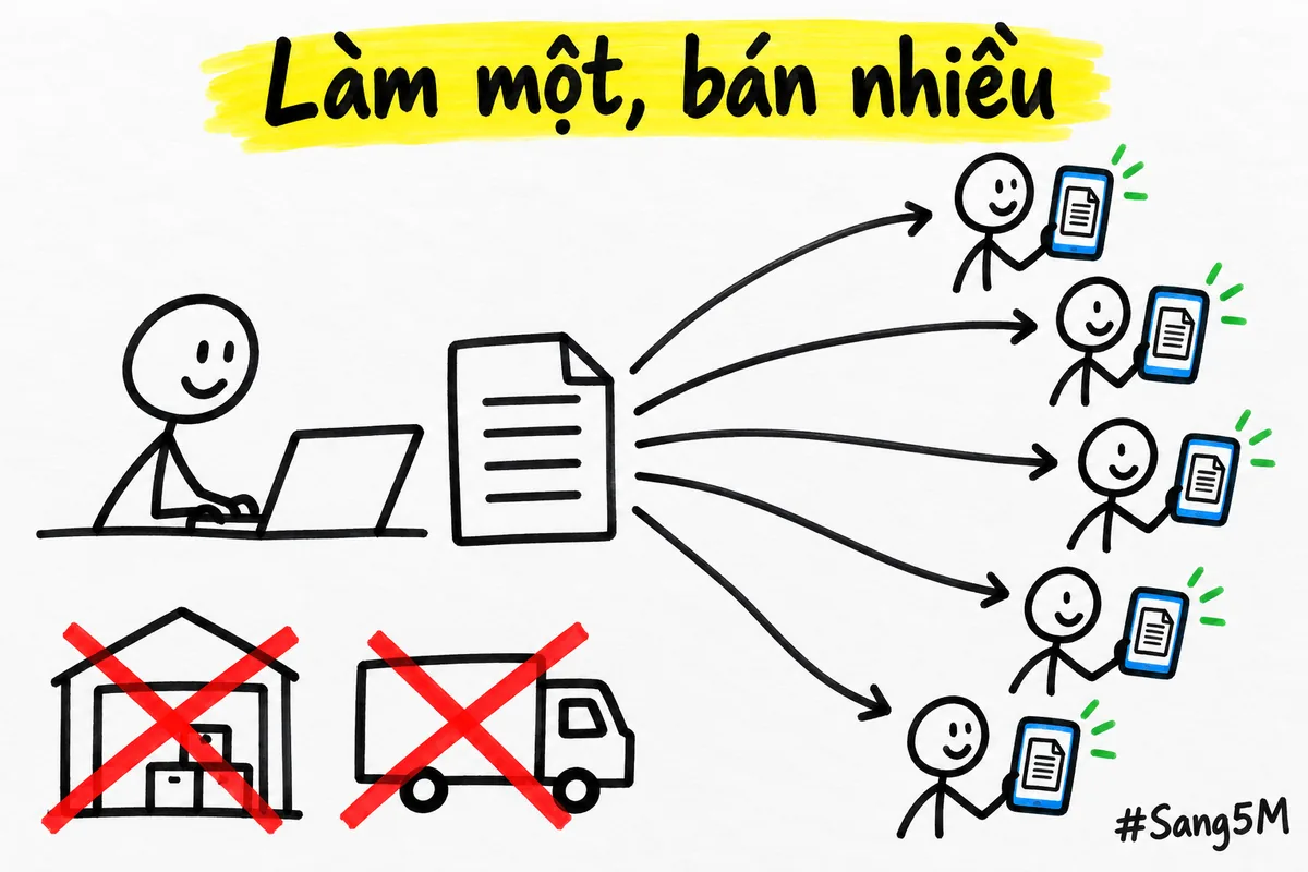Cách bán sản phẩm số: làm một tệp một lần rồi gửi qua mạng cho nhiều người, không cần kho hàng.
