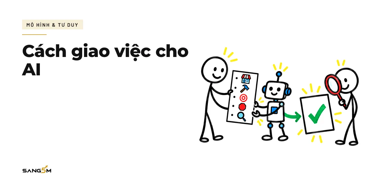 Người đưa tờ giao việc có biểu tượng cho trợ lý AI, rồi dùng kính lúp kiểm tra kết quả