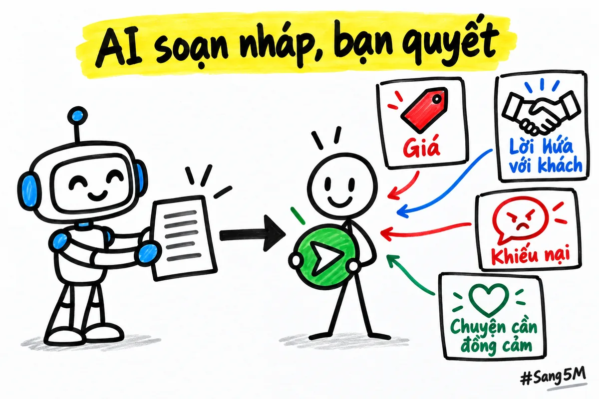 Giá, lời hứa, khiếu nại và chuyện cần đồng cảm: AI soạn nháp, còn bạn quyết và gửi.