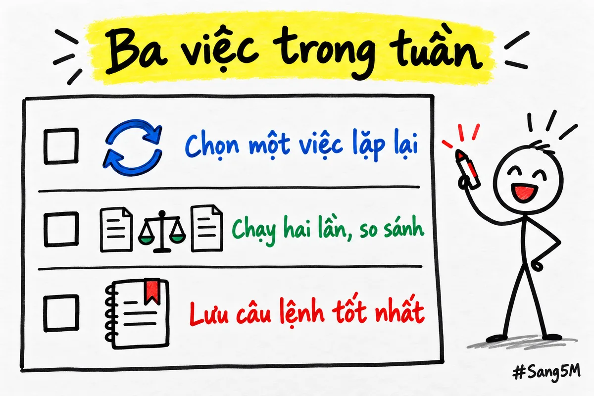 Ba việc nên làm: chọn một việc lặp lại, chạy hai lần để so sánh, lưu câu lệnh tốt.