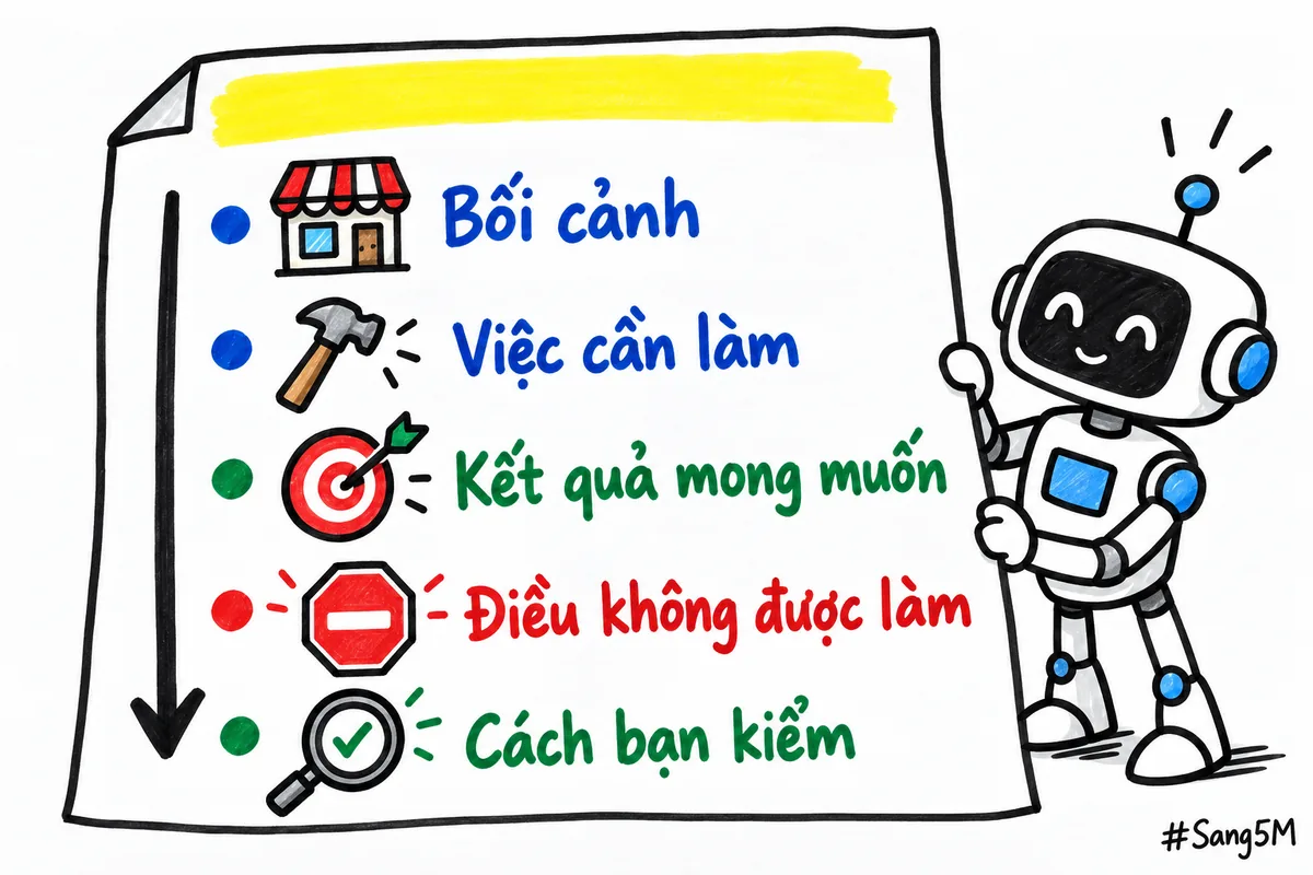 Câu lệnh tốt gồm năm phần theo thứ tự, từ bối cảnh đến cách bạn kiểm kết quả.