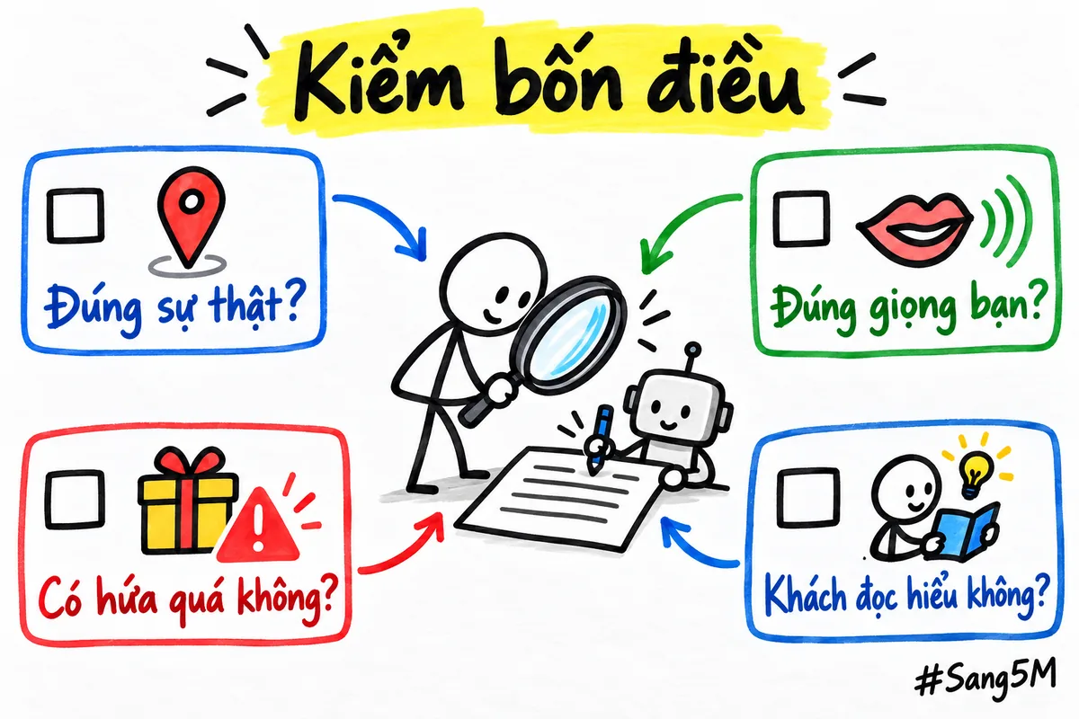 Bốn câu hỏi cần kiểm trước khi dùng kết quả của AI, từ đúng sự thật đến khách đọc hiểu.