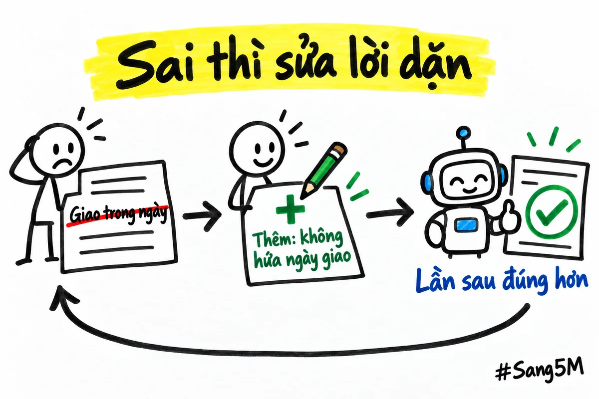 Thấy AI hứa giao trong ngày, bạn sửa lời dặn để lần sau AI làm đúng hơn.