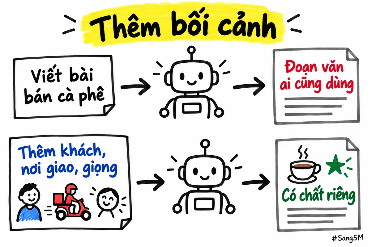 Cách giao việc cho AI: câu lệnh ngắn ra đoạn văn chung chung, thêm bối cảnh thì có chất riêng.