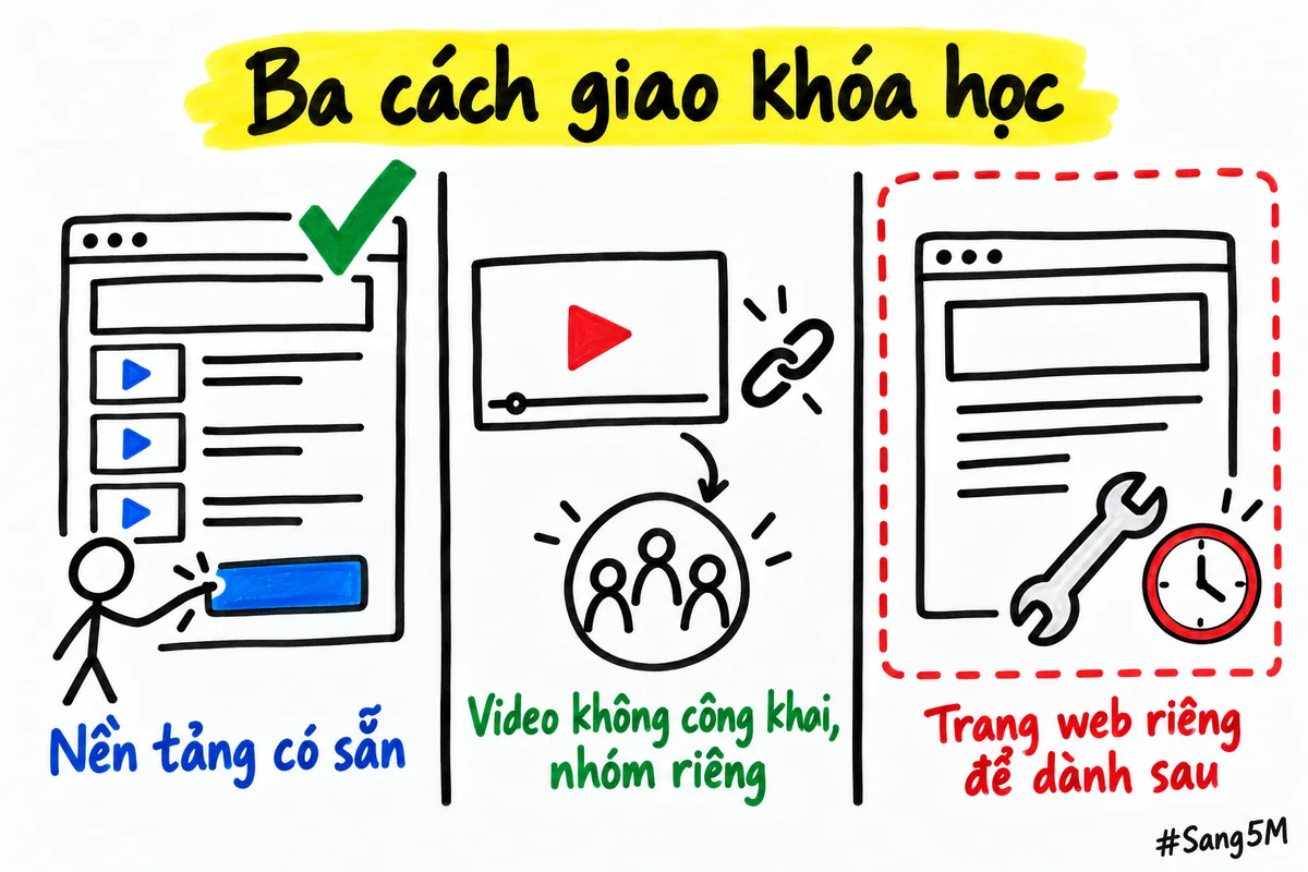 Ba cách giao khóa học đặt cạnh nhau, cách tự làm trang web riêng để dành cho giai đoạn sau.