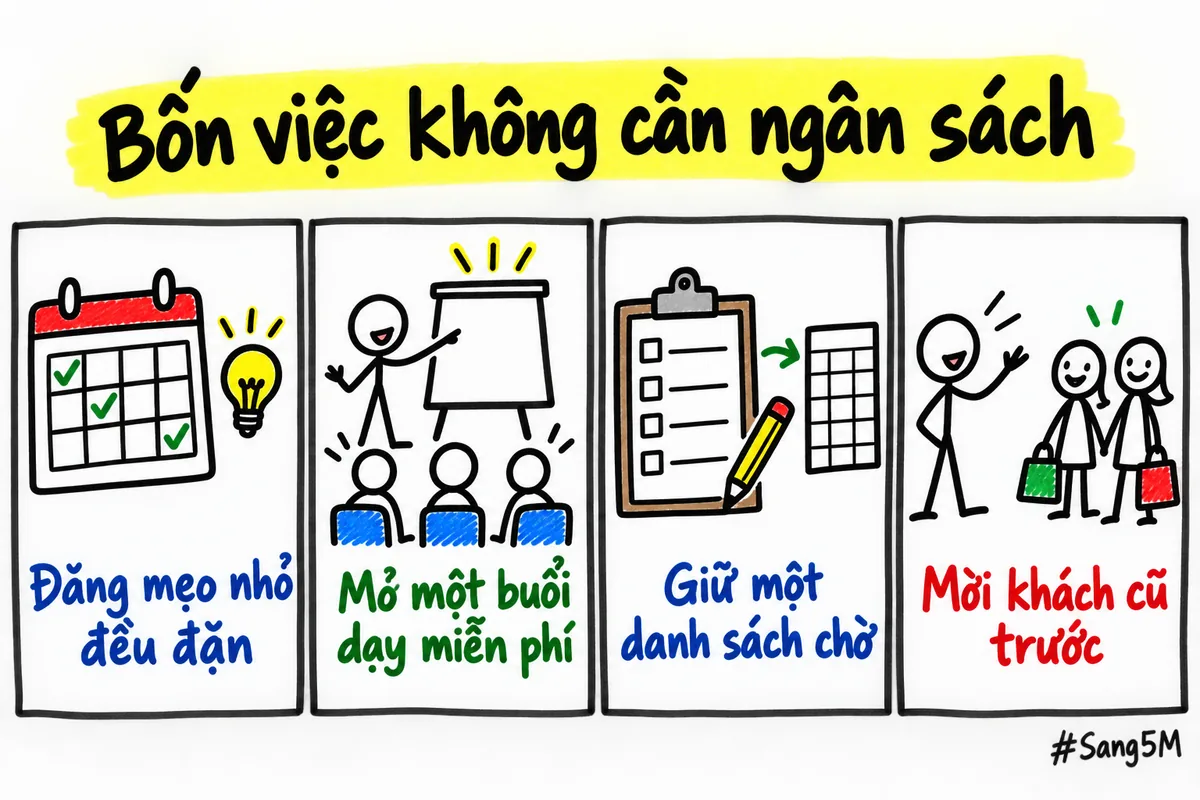 Bốn việc bán khóa học không cần ngân sách, gồm đăng mẹo, dạy miễn phí, danh sách chờ, mời khách cũ.