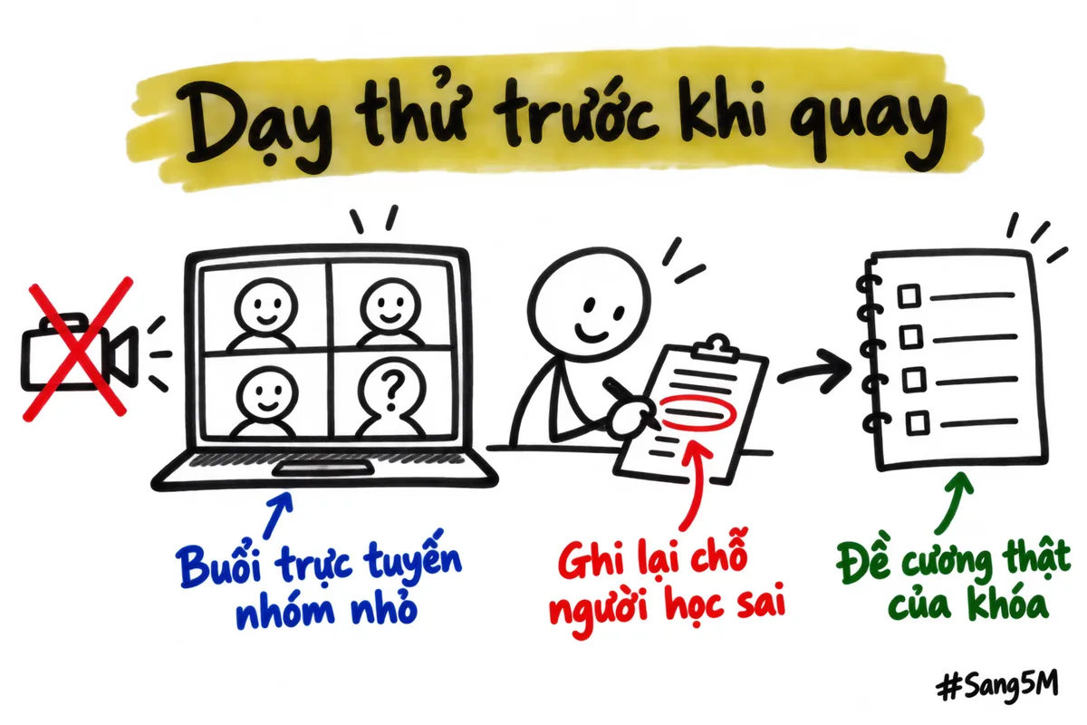 Buổi dạy thử trực tuyến cho nhóm nhỏ, người dạy ghi lại chỗ người học sai để làm đề cương.