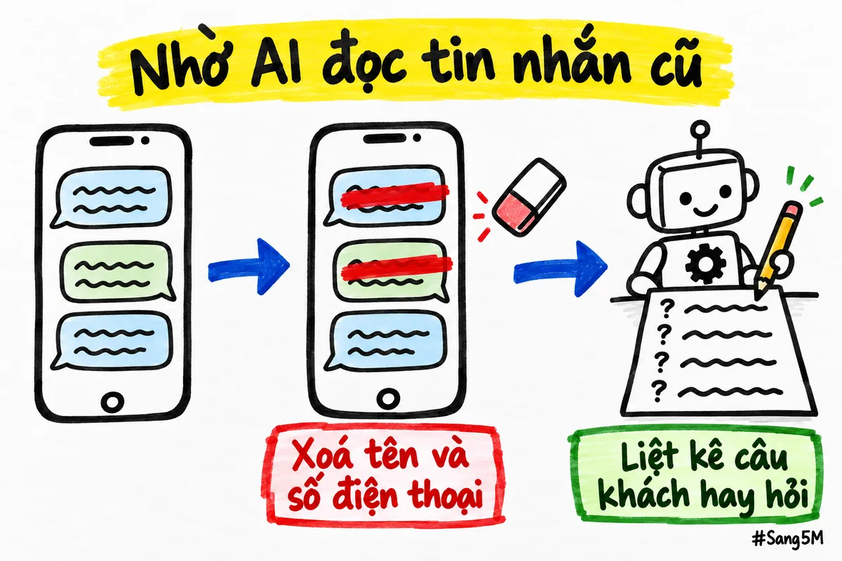Tin nhắn cũ được xoá tên và số điện thoại trước khi trợ lý AI liệt kê câu khách hỏi nhiều.