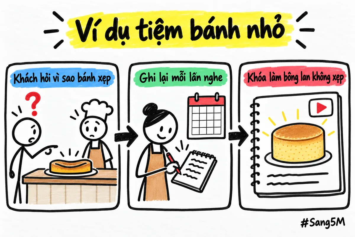 Ví dụ giả định của tiệm bánh nhỏ, chủ tiệm ghi lại câu khách hỏi rồi gom thành một khóa ngắn.