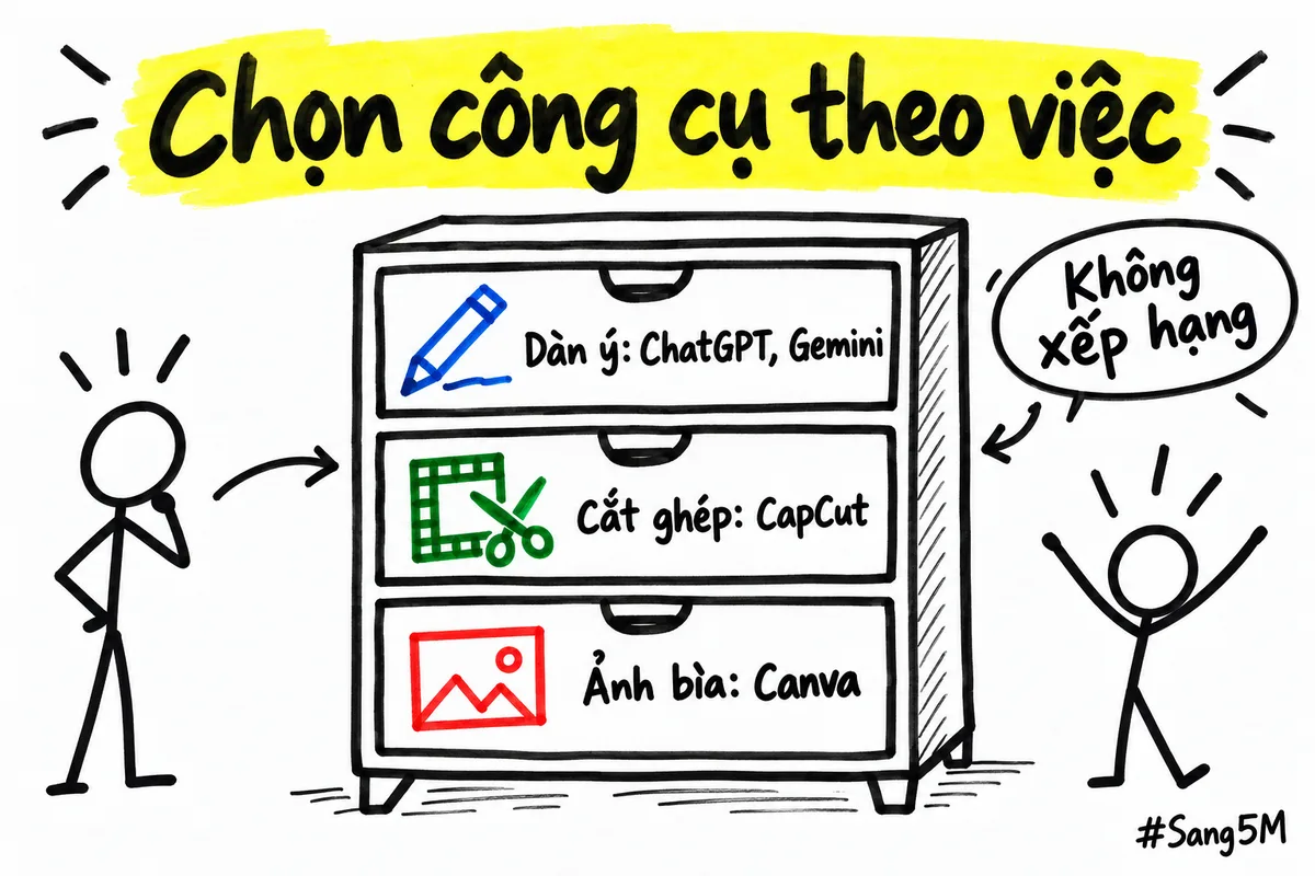 Ba công cụ thường có bản miễn phí, mỗi cái một việc: viết dàn ý, cắt ghép video, làm ảnh bìa.
