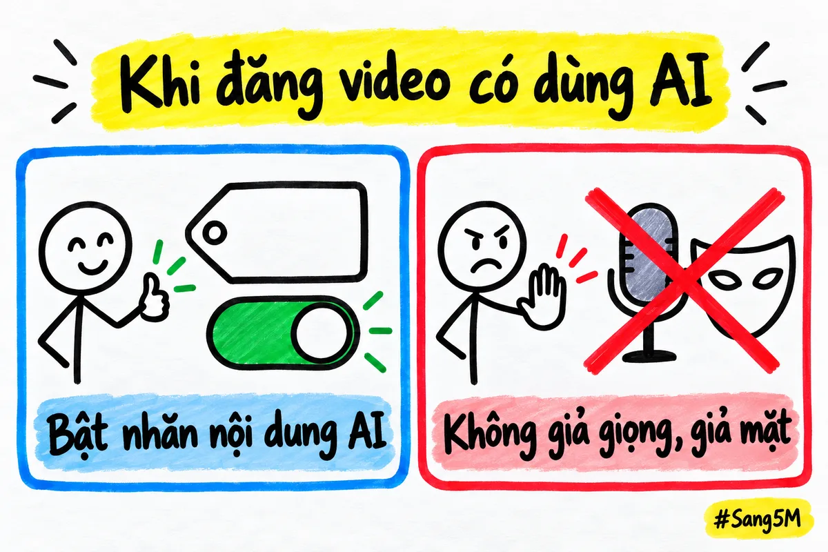 Hai điều nhớ khi đăng video có dùng AI: bật nhãn nội dung AI, không giả giọng hay giả mặt người khác.