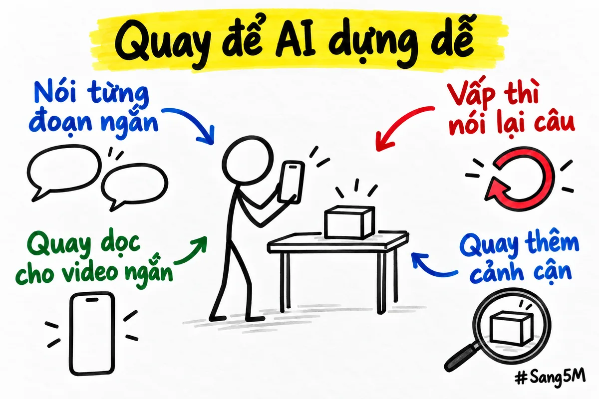 Muốn AI dựng dễ, hãy nói từng đoạn ngắn, vấp thì nói lại câu đó, quay dọc cho video ngắn và quay thêm cảnh cận sản phẩm.