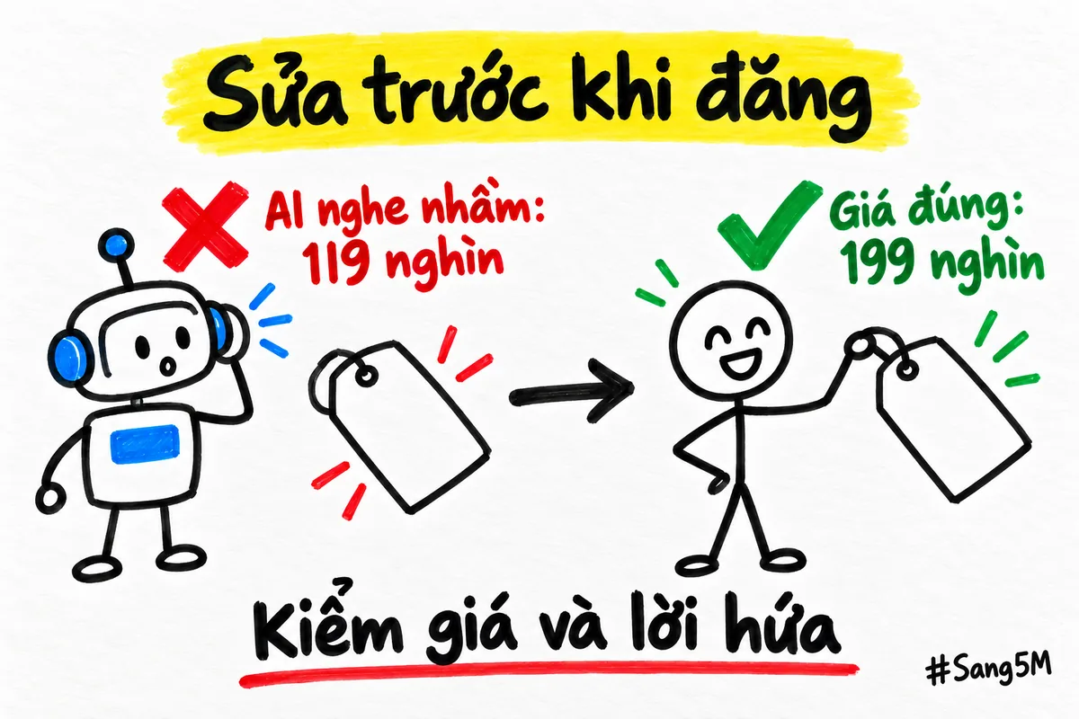AI có thể nghe nhầm giá 199 nghìn thành 119 nghìn, nên phải kiểm giá và lời hứa trước khi đăng.