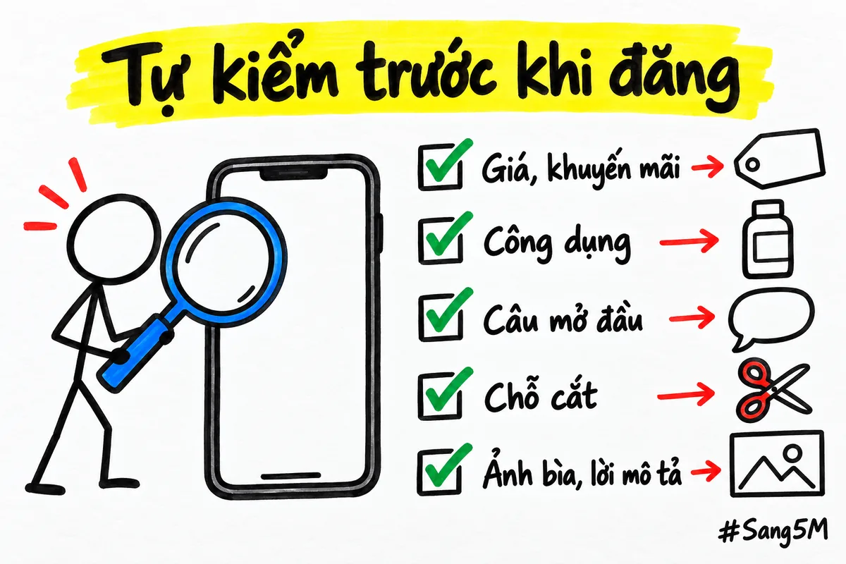 Trước khi đăng, tự kiểm giá và khuyến mãi, công dụng, câu mở đầu, chỗ cắt, ảnh bìa và lời mô tả.