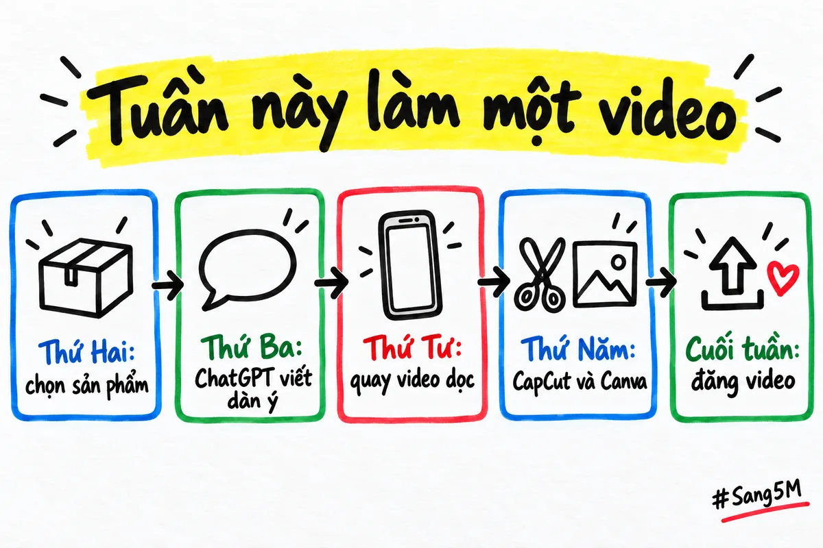 Kế hoạch một tuần: thứ Hai chọn sản phẩm, thứ Ba viết dàn ý, thứ Tư quay, thứ Năm dựng bằng CapCut và Canva, cuối tuần đăng.