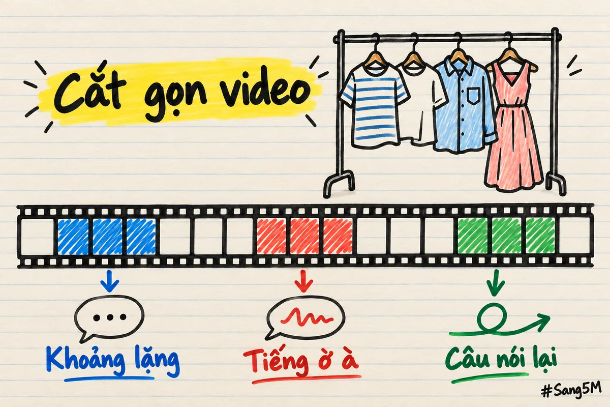 Giá treo quần áo vẽ tay, dải phim có ba nhóm ô được tô xanh dương, đỏ, xanh lá, mỗi nhóm có nhãn viết tay bên dưới.