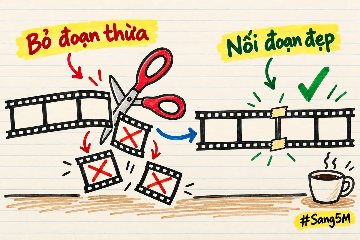 Cây kéo vẽ tay cắt một dải phim giấy, ba khung gạch đỏ rơi ra, dải còn lại nối bằng băng dính, ly cà phê ở góc.