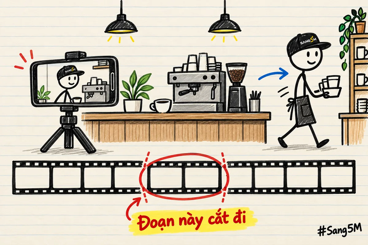 Điện thoại quay quầy pha chế, người que đội nón SANG5M bước ra khỏi khung hình, dải phim bên dưới có một đoạn khoanh đỏ.