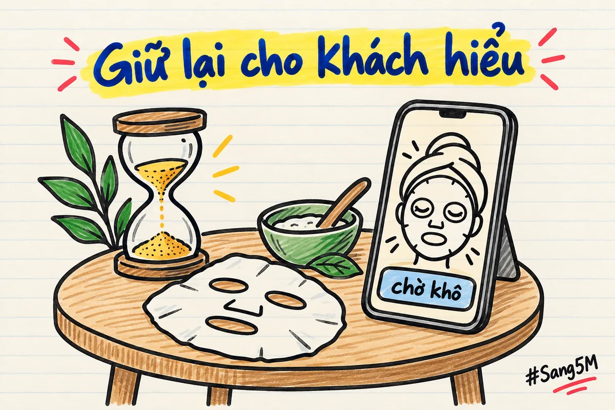 Đồng hồ cát vẽ tay cạnh tấm mặt nạ đắp mặt, màn hình điện thoại hiện dòng chữ chờ khô.