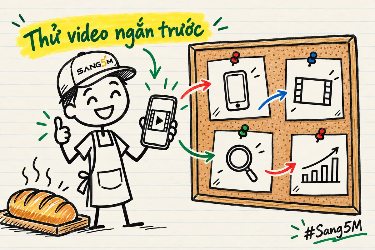 Bảng ghim vẽ tay có bốn mẩu giấy ghim, ổ bánh mì ở góc, người que đội nón SANG5M cầm điện thoại xem một video ngắn.