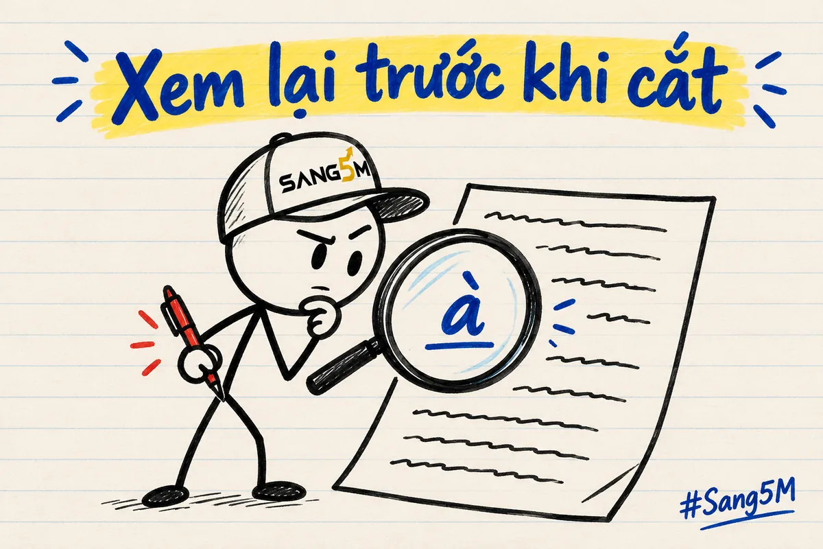 Kính lúp vẽ tay soi một chữ à trên tờ giấy, người que đội nón SANG5M đứng cạnh, tay cầm bút.