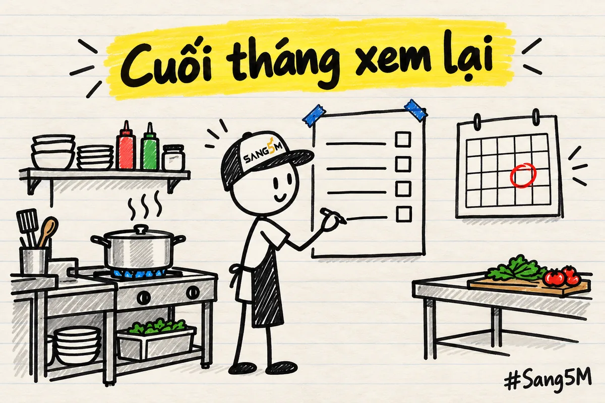 Tờ danh sách dán cạnh bếp quán ăn, tờ lịch treo bên cạnh có một ô khoanh đỏ, người đội nón SANG5M cầm bút sửa.
