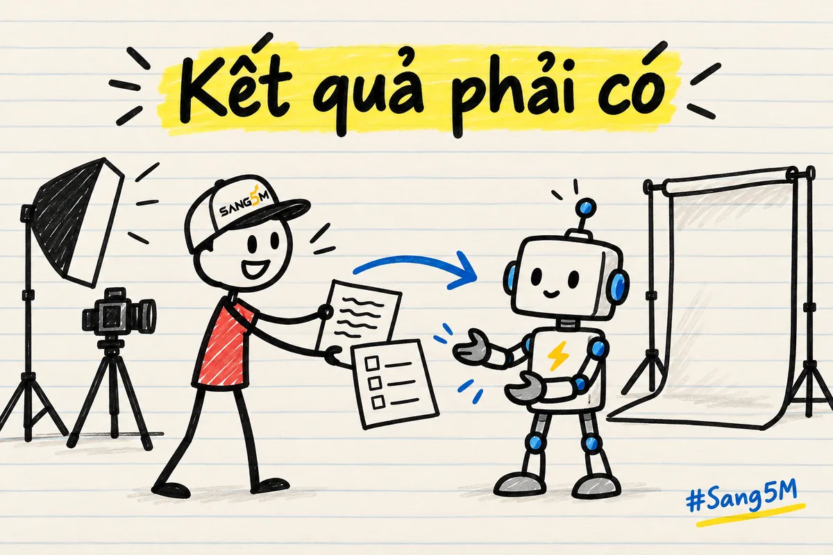 Chủ phòng chụp ảnh đội nón SANG5M đưa robot nhỏ lời dặn kèm tờ danh sách ba ô, máy ảnh trên chân đứng ở phía sau.