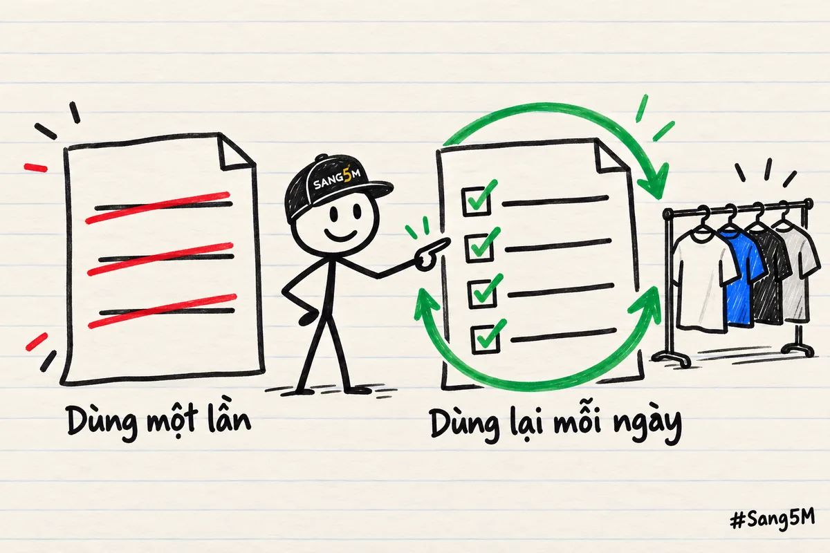 Hai tờ giấy vẽ tay: tờ trái có dòng gạch, tờ phải có ô đánh dấu và mũi tên vòng, cạnh kệ áo, người đội nón SANG5M.